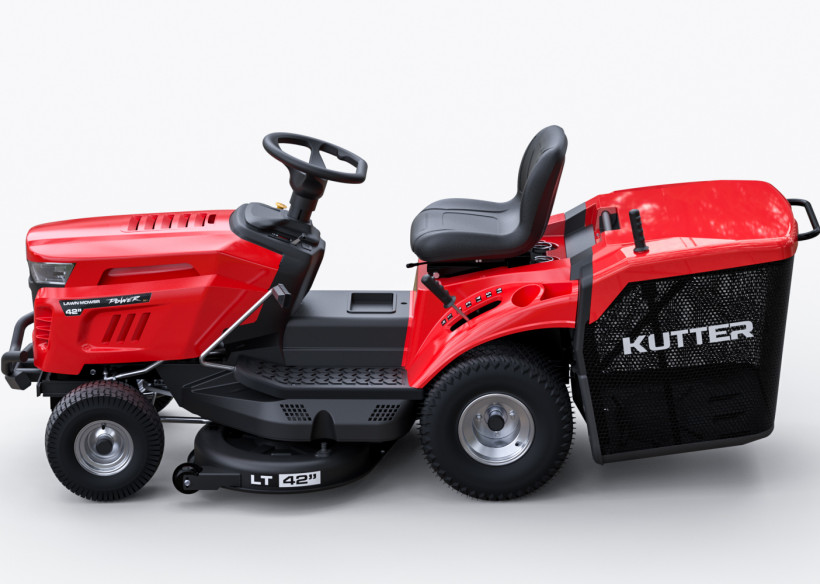 Tractor cortacésped KUTTER LT-42R con transmisión hidrostática y opciones de motor V-Twin (15HP o 23HP), aislado sobre blanco.