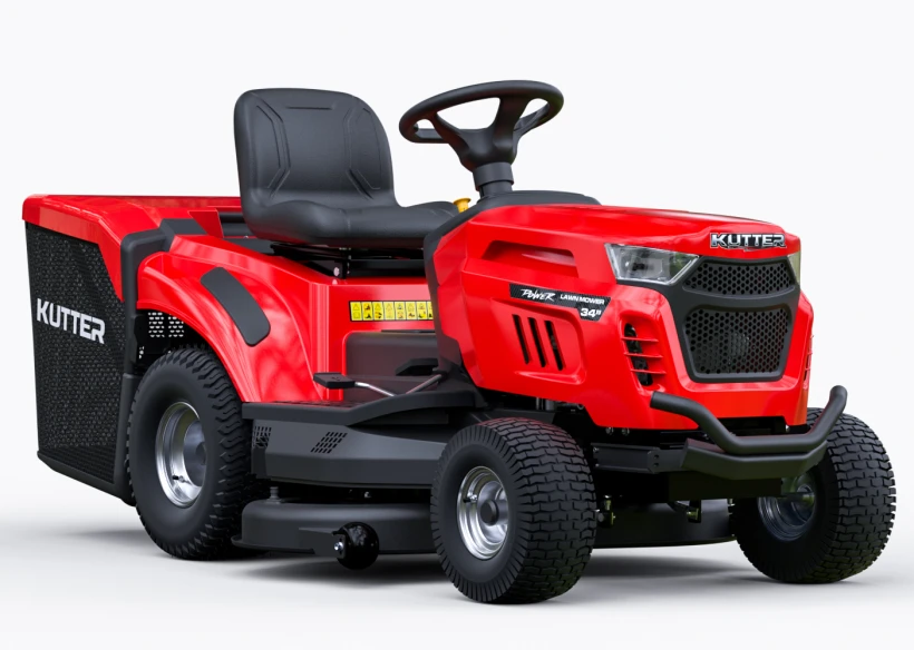 KUTTER LT-34R Hydrostatic Riding Lawn Tractor, red, 34-inch cut, 11.5HP, presented on a clean white background.