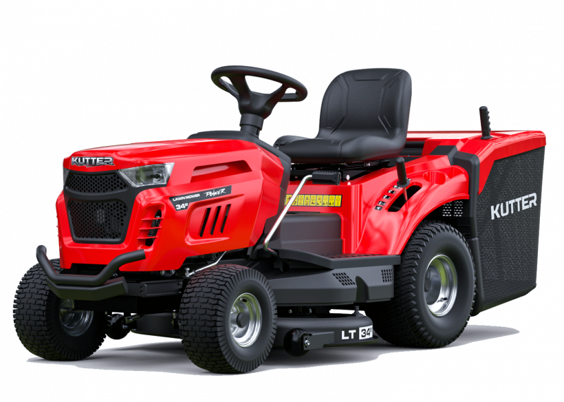 KUTTER LT-34R プロモーション乗用芝刈り機、34インチ切断幅、11.5HPエンジン、赤色、白背景。