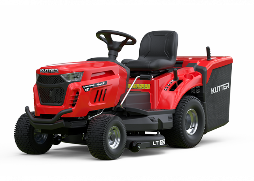 Tondeuse autoportée KUTTER LT-40R, largeur de coupe 86 cm, moteur 11,5 CV, rouge, sur fond blanc.