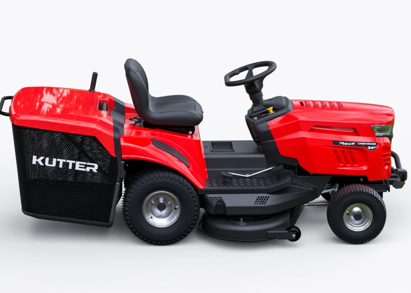 KUTTER LT-34R Riding Mower equipped with LED headlight, safety seat, and 320L collector, on a white background.