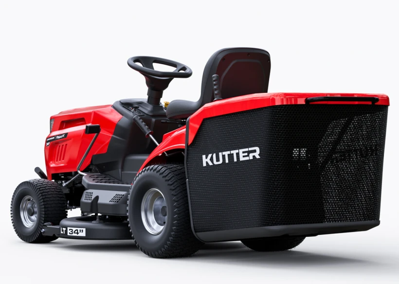 Red KUTTER LT-34R Zero-Turn Riding Lawn Mower, featuring a 34-inch cutting deck, isolated on white.