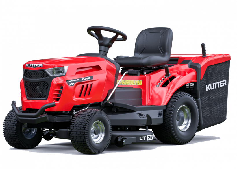 Косачка за трева KUTTER LT-36R, ширина на косене 36 инча, двигател 13HP, червена, на бял фон.