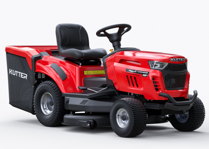 Tractor de césped KUTTER LT-42R, corte de 42 pulgadas, transmisión hidrostática, hasta 23 HP, presentado sobre fondo blanco.