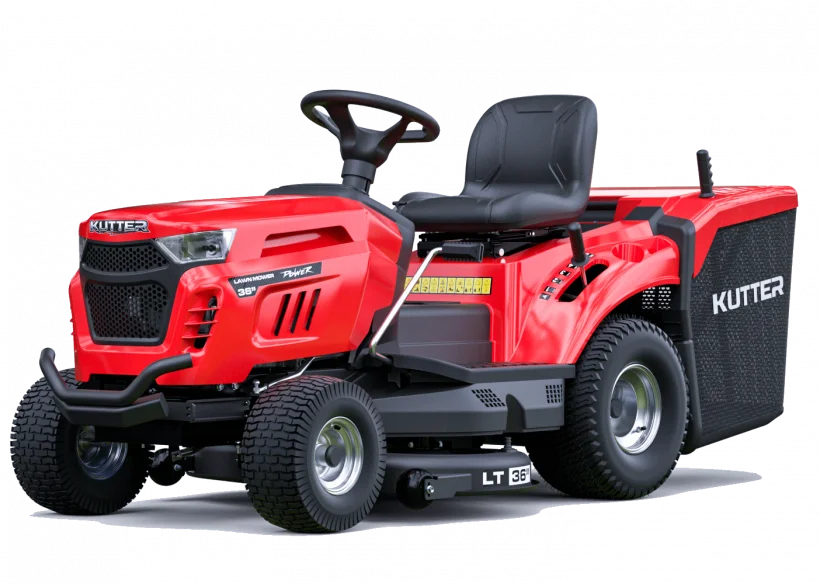 KUTTER LT-36R Riding Lawn Mower, 36-inch cutting width, 13HP engine, red, on a white background.