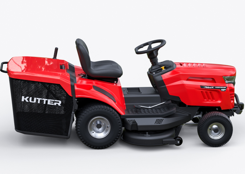 Traktor Pemotong Rumput Hidrostatik Merah KUTTER LT-42R dengan pemutus kontak kursi keselamatan, tempat cangkir, dan sambungan pencuci, ditampilkan dengan latar belakang putih bersih.