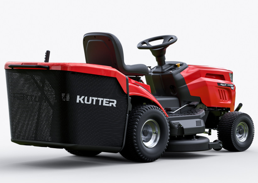 Tractor de conducción KUTTER LT-42R modelo promocional, equipado con faro LED, volante premium y colector de 320L, mostrado sobre un fondo blanco.