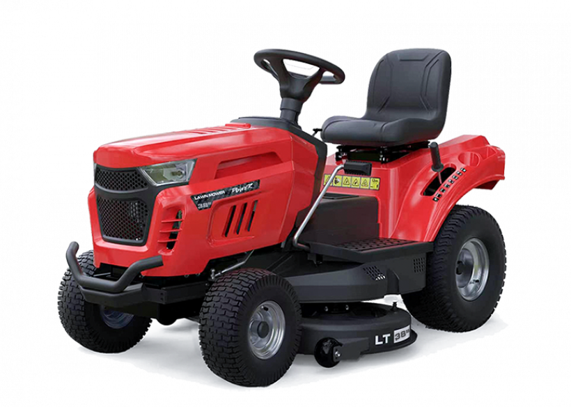 Tondeuse autoportée promotionnelle UTTER LT-38S, largeur de coupe de 34 pouces, moteur de 11,5 CV, rouge, sur fond blanc.