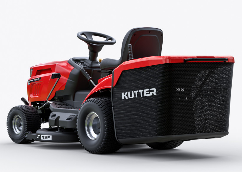 Cortacésped de conducción de giro cero KUTTER LT-42R con plataforma de corte de 42 pulgadas y altura ajustable (30-80 mm), sobre fondo blanco.
